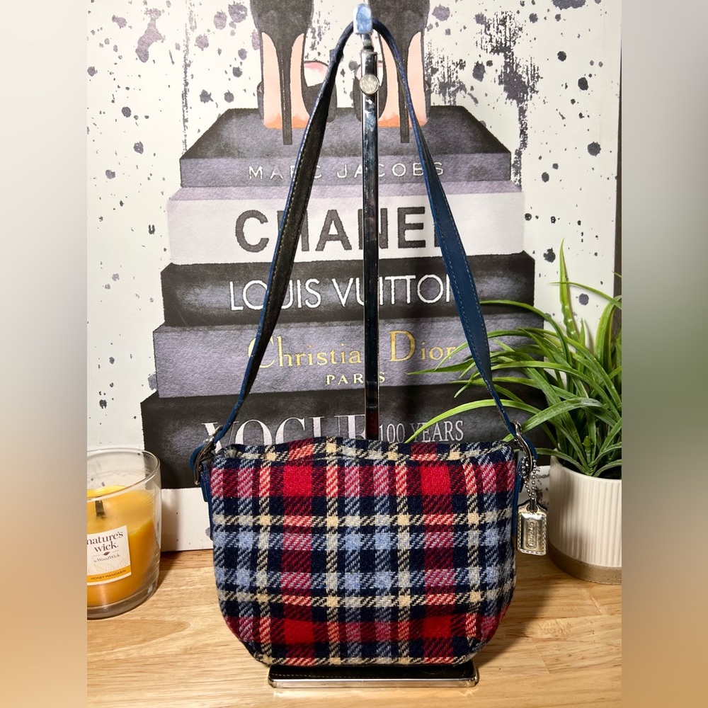 COACH Vintage Mini Handbag Red/Blue Plaid 100% Wool.